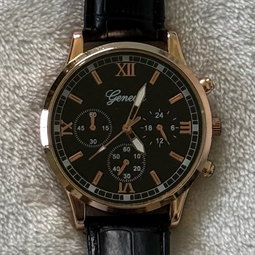 Geneva Black Dial Rose Gold Tone Watch Roman Numerals Faux Leather Strap